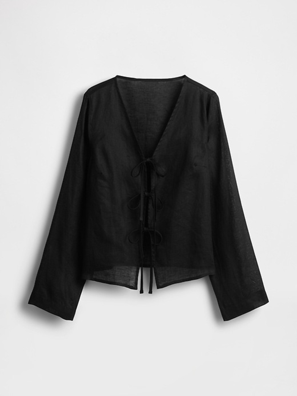 GAP Linen Long Sleeve Tie-Front Black Top - Medium Petite